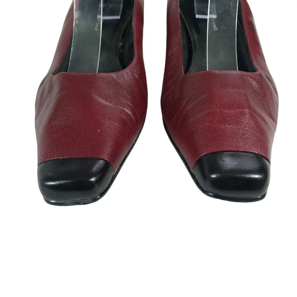 SACHA TOO! BURGUNDY & BLACK GENUINE LEATHER NIP TOE MODIFIED KITTEN HEELS! SZ 8M